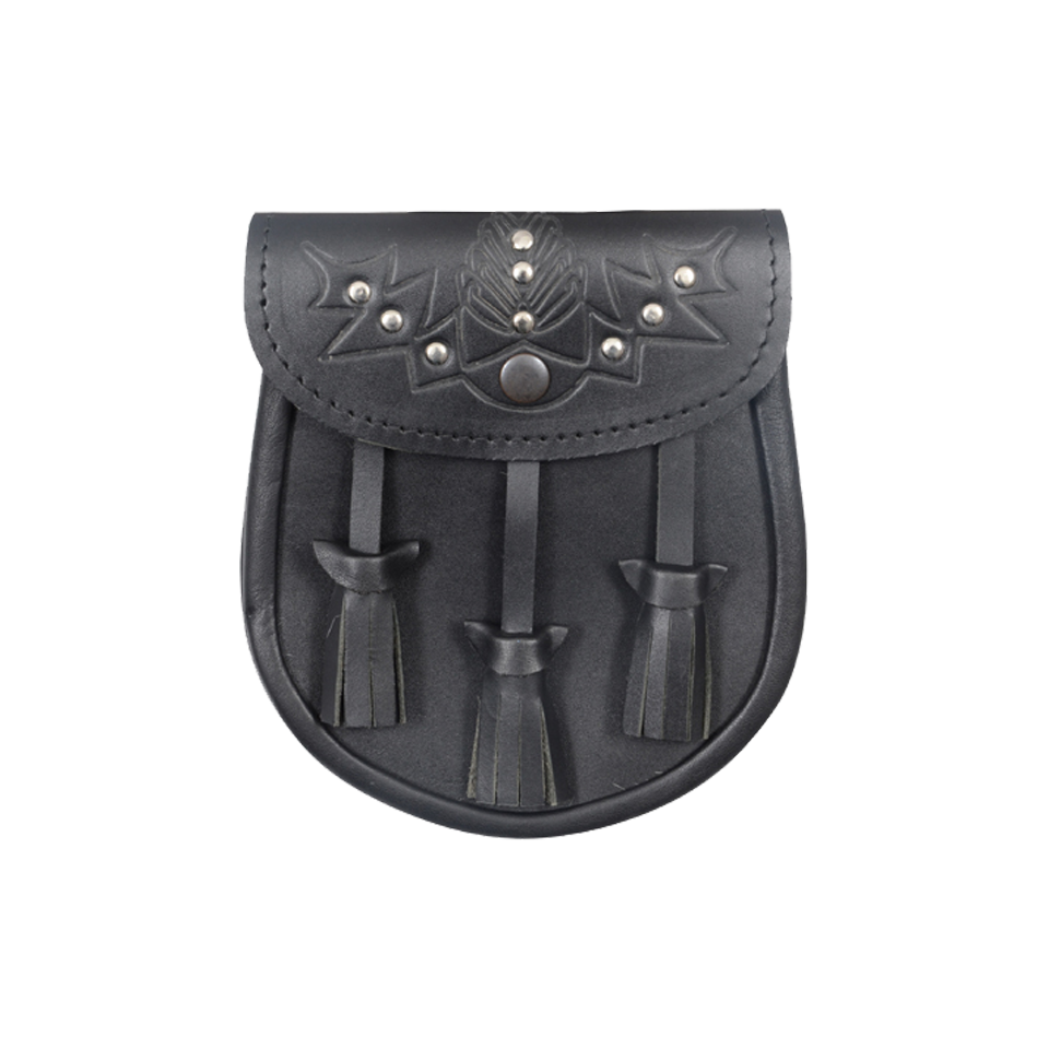 Black or Brown Grained Leather Sporran With Thistle Flower Badge main image 0
