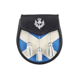 Semi Dress Sporran – Saltire Flag Bovine Fur on Regular Leather, Thistle Badge on Flap