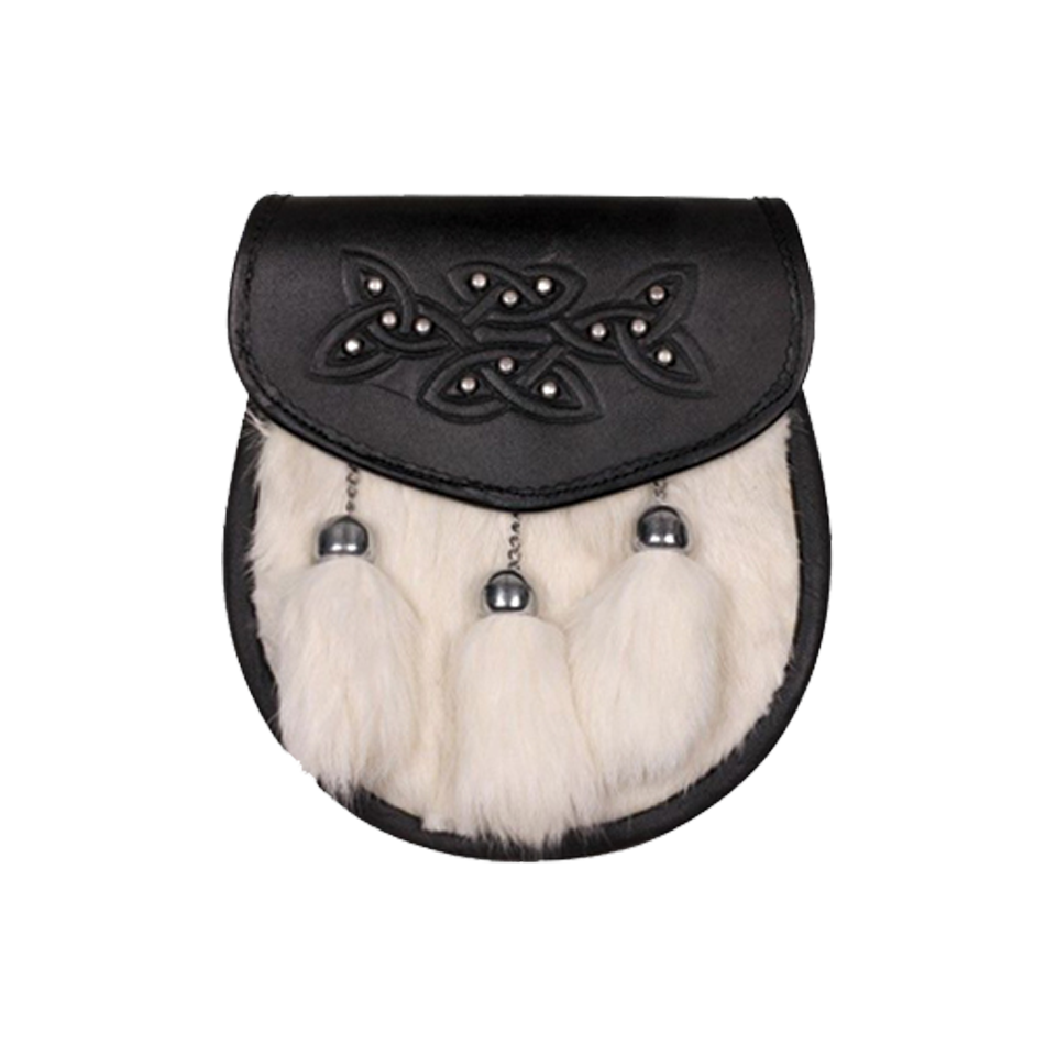 Black or Brown Grained Leather Celtic Sporran White Rabbit Fur Thistle Badge