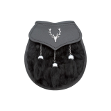 Semi Dress Sporran – Black Rabbit Fur on Regular Leather, Stag Head Badge on Flap