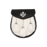 Semi Dress Sporran – White Rabbit Fur on Regular Leather, Thistle Badge on Flap