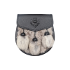 Semi Dress Sporran – Beige Rabbit Fur on Regular Leather, Black Thistle Badge on Flap
