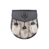 Semi Dress Sporran – Grey Rabbit Fur on Regular Leather, Black Thistle Badge on Flap