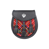 Semi Dress Sporran – Royal Stewart Tartan on regular Leather, Thistle Badge on Flap