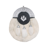 Full Dress Sporran – White Rabbit Fur  on regular leather, 3 Fur Tassels, Thistle Badge