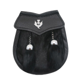 Kids Baby Size – Black Rabbit Fur on regular leather, 2 Fur Tassels, Thistle Badge on Flap